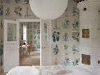 Flora wallpaper by Sandberg – botanical design, Blue, styled in a second room setting