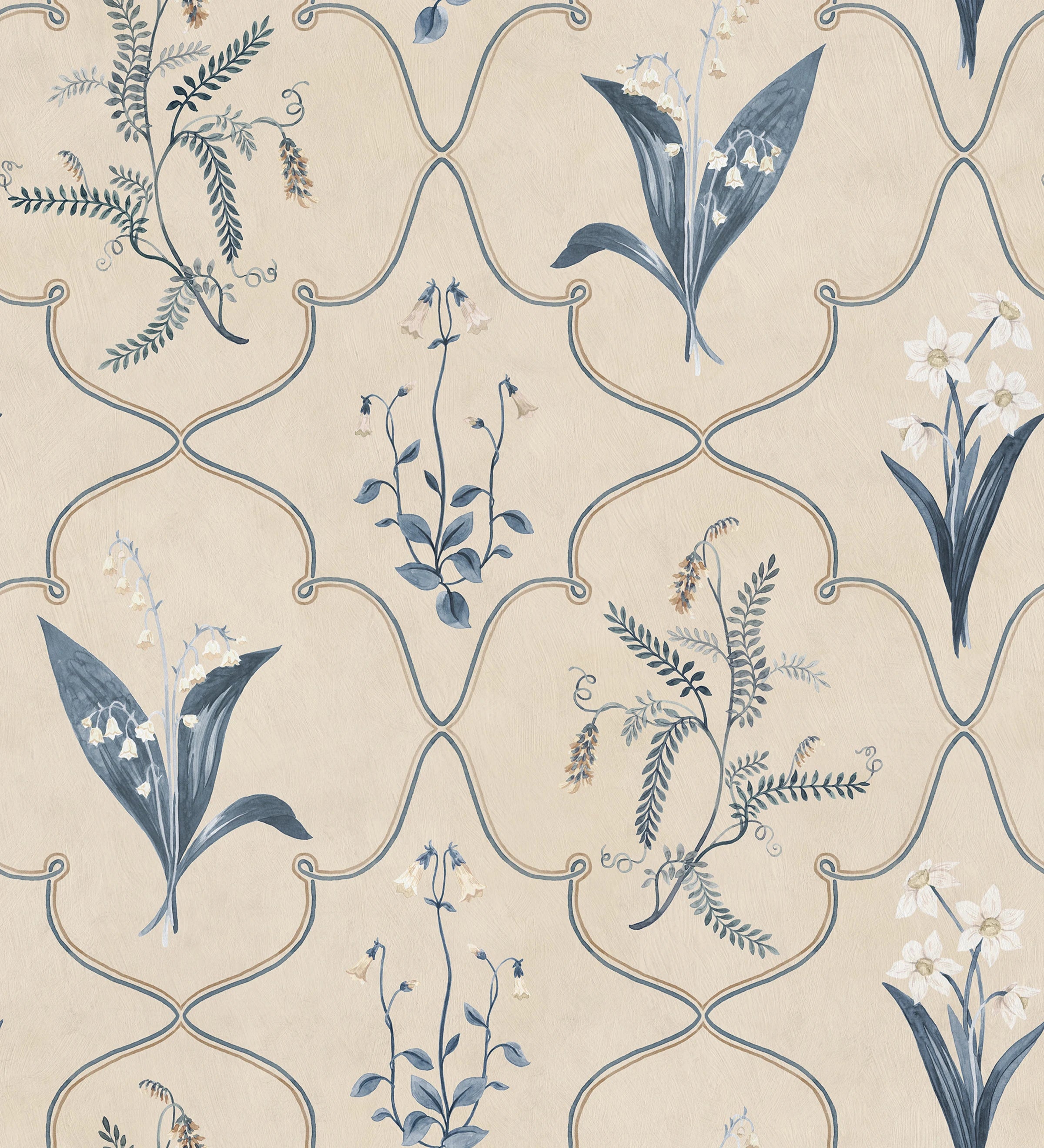 Louise wallpaper by Sandberg – Blue colourway, flat pattern repeat
