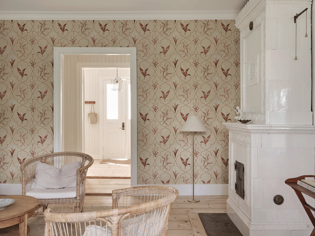 Louise wallpaper by Sandberg – Red – Burgundy colourway, styled on an interior wall