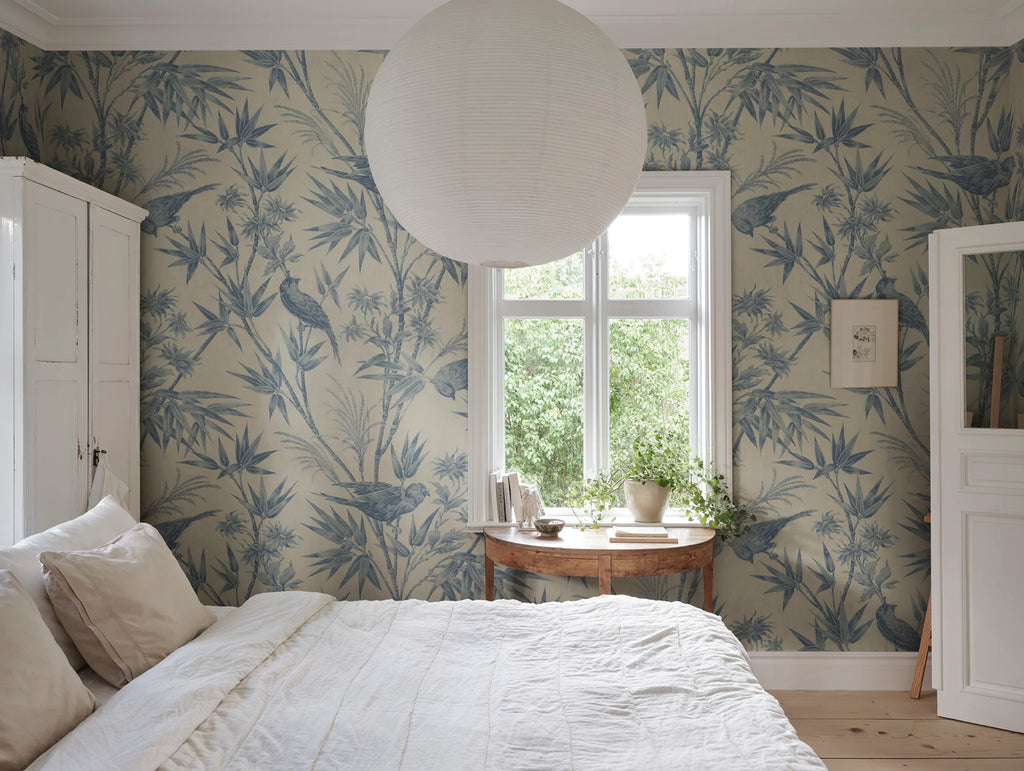 Celeste Mural wall mural by Sandberg – botanical design, Blue, styled on an interior wall