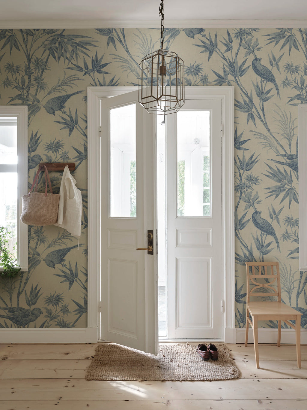 Celeste Mural wall mural by Sandberg – botanical design, Blue, styled in a second room setting