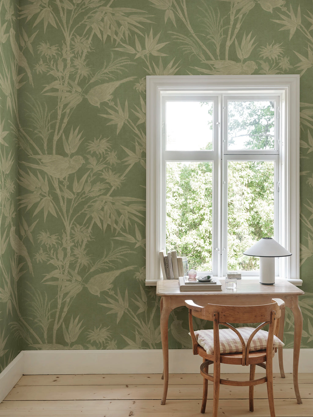 Celeste Mural wall mural by Sandberg – botanical design, Green, styled on an interior wall