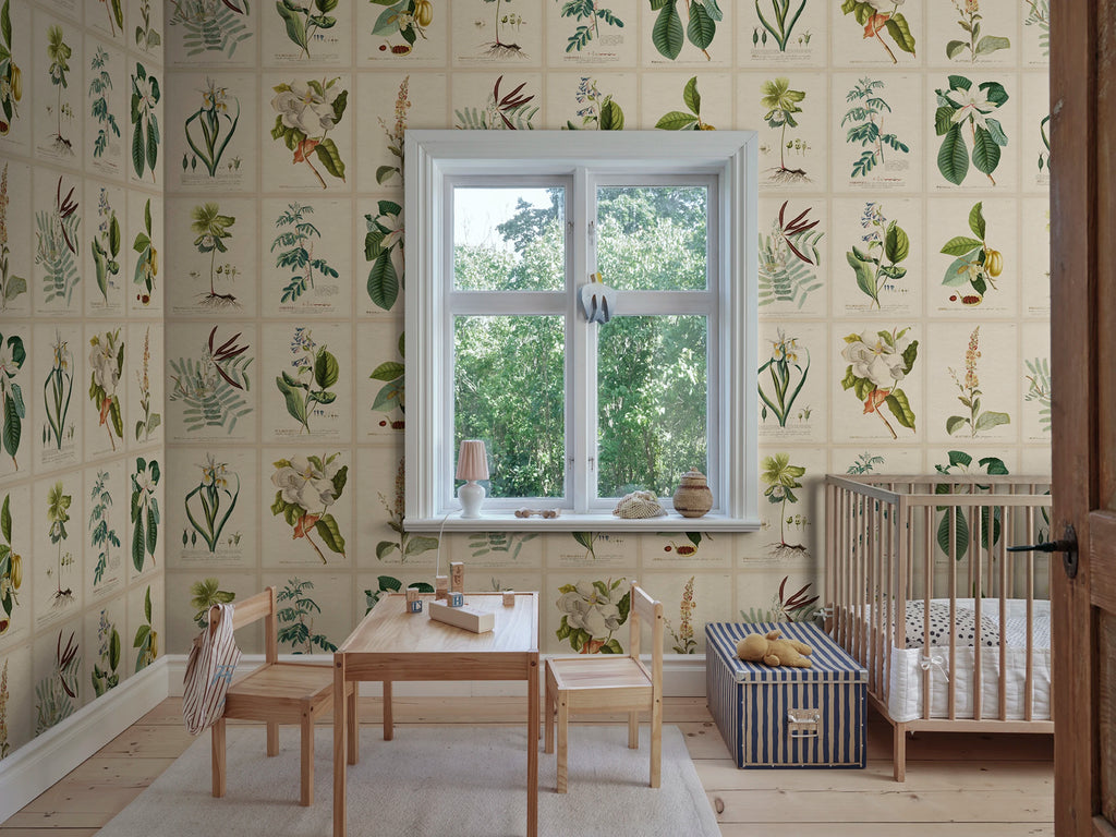 Flora wallpaper by Sandberg – botanical design, Green, styled in a second room setting