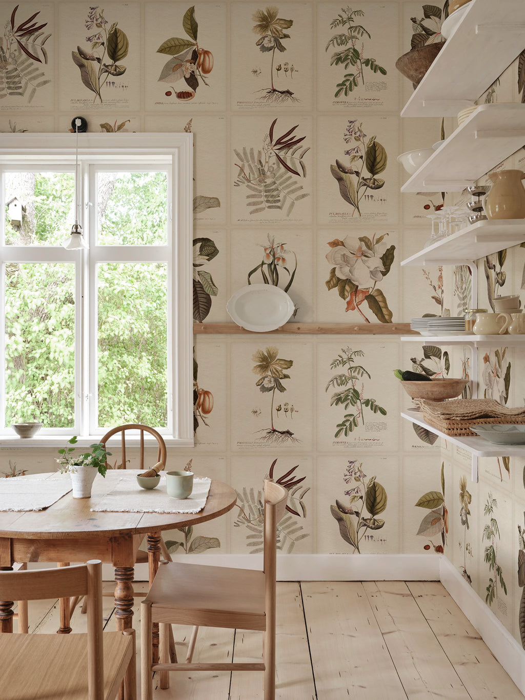Flora wallpaper by Sandberg – botanical design, Sepia, styled on an interior wall