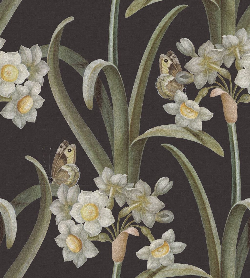 Lilian wallpaper by Sandberg – botanical design, Charcoal, flat pattern repeat