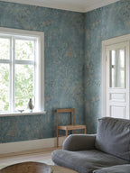 Juni wallpaper by Sandberg – floral design, Light Blue, styled in a second room setting