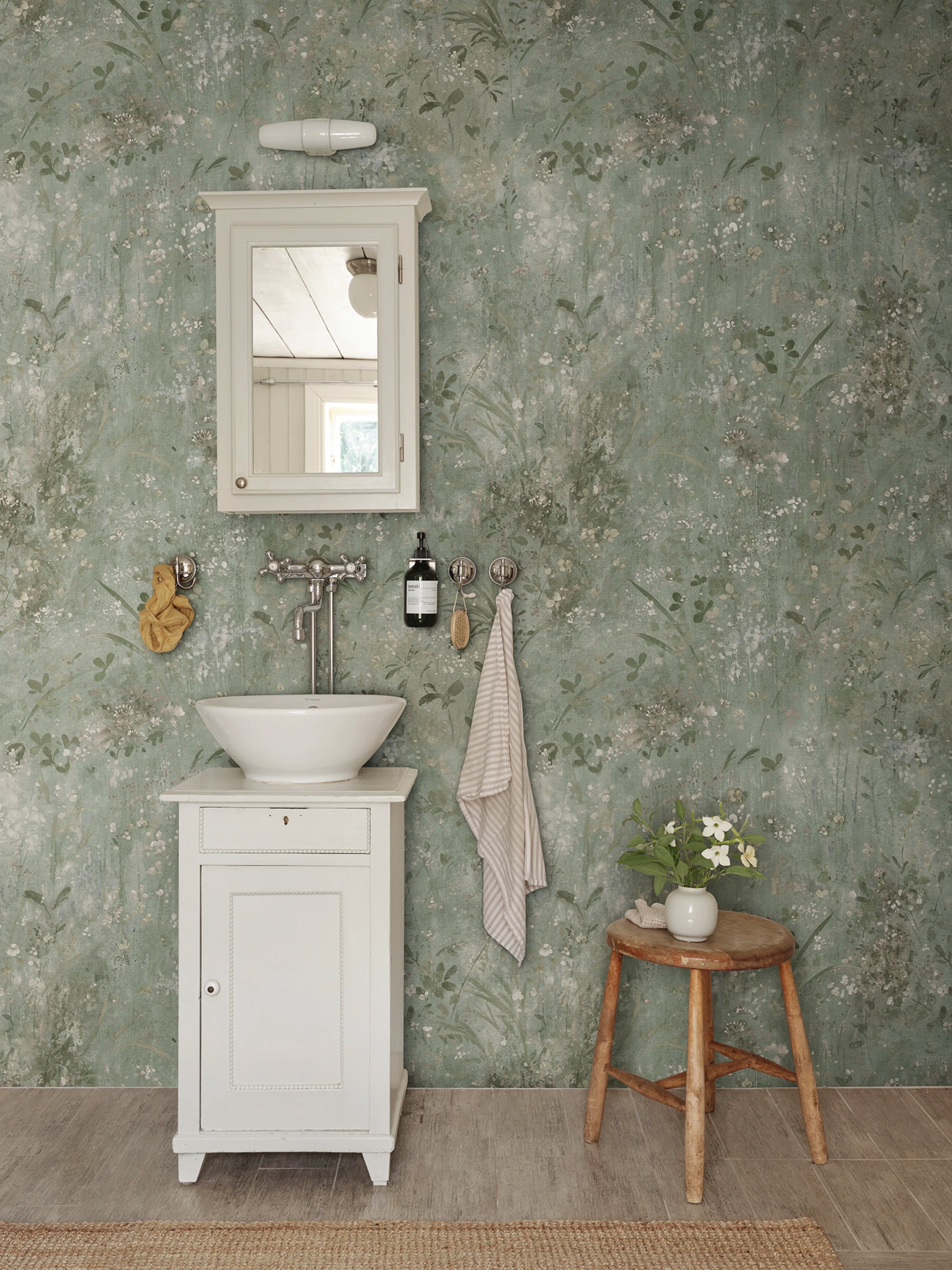 Juni wallpaper by Sandberg – floral design, Sage Green, styled in a second room setting