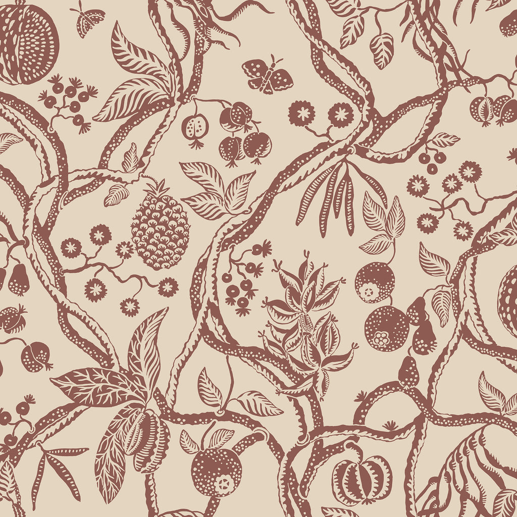 Tree of Life wallpaper by Sandberg, flat swatch of rust-red trailing branches with fruit, berries and butterflies on cream