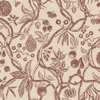 Tree of Life wallpaper by Sandberg, flat swatch of rust-red trailing branches with fruit, berries and butterflies on cream