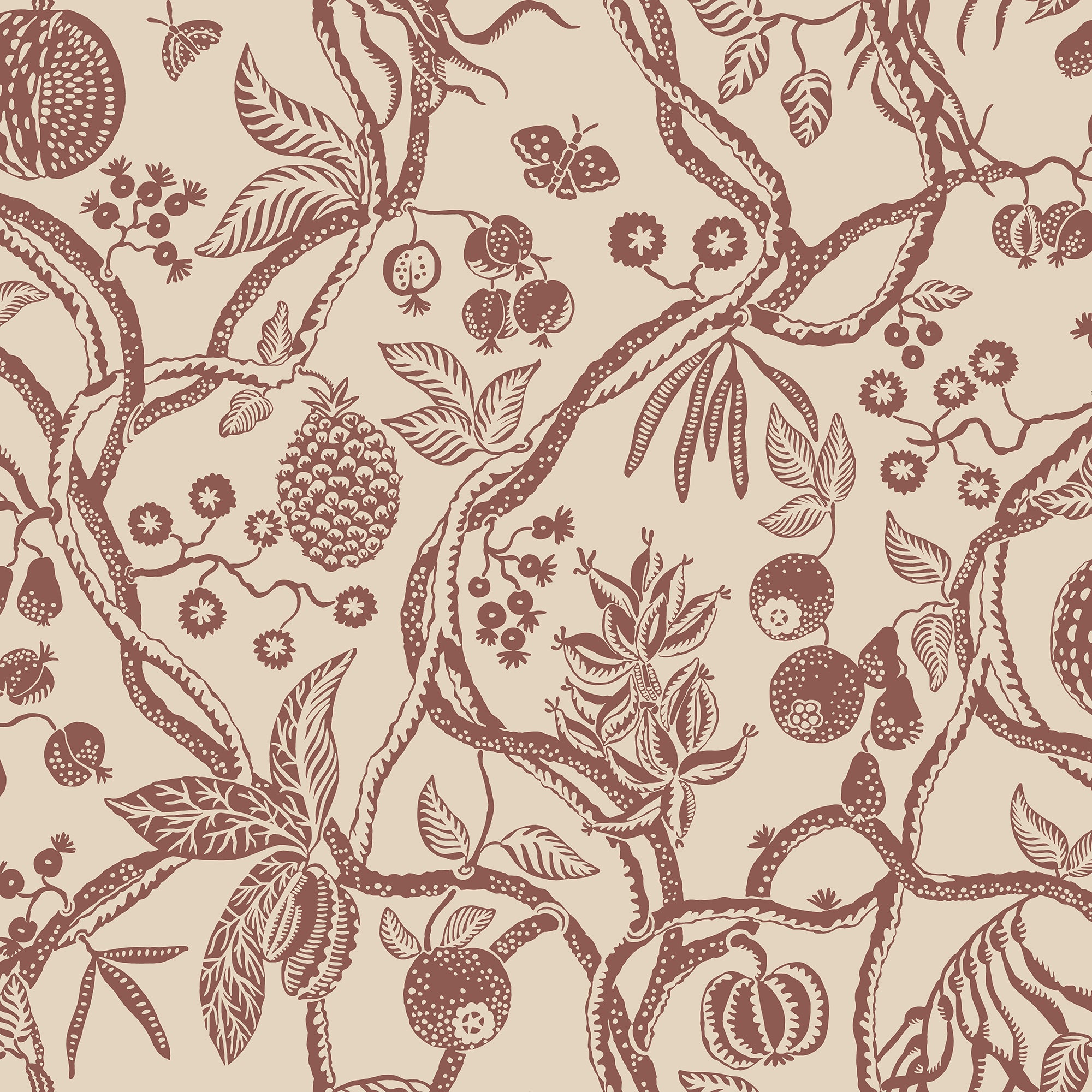 Tree of Life wallpaper by Sandberg, flat swatch of rust-red trailing branches with fruit, berries and butterflies on cream