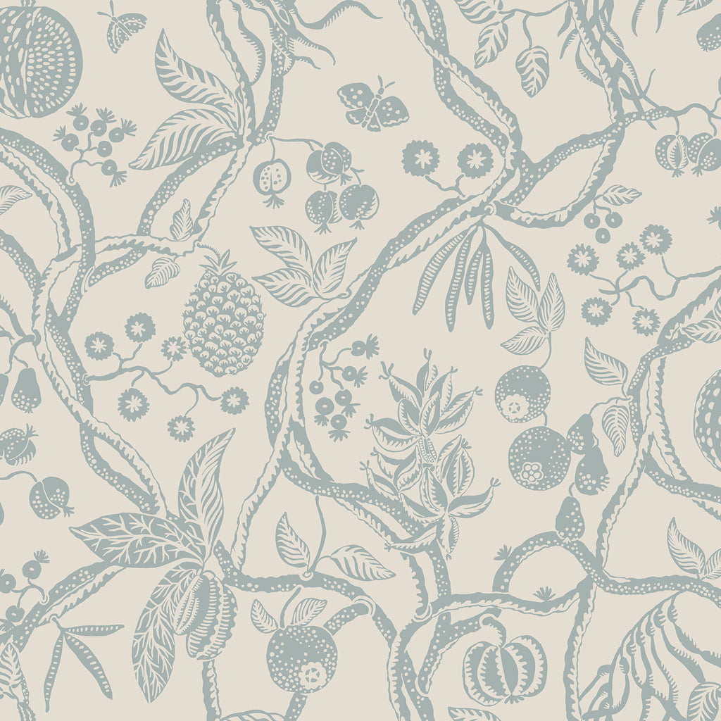 Tree of Life wallpaper by Sandberg, flat swatch of trailing fruit branches with pineapples and butterflies in blue-grey on cream