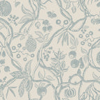 Tree of Life wallpaper by Sandberg, flat swatch of trailing fruit branches with pineapples and butterflies in blue-grey on cream