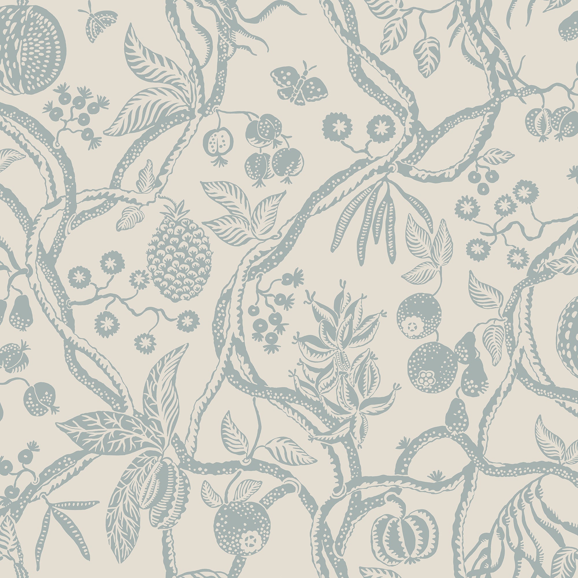Tree of Life wallpaper by Sandberg, flat swatch of trailing fruit branches with pineapples and butterflies in blue-grey on cream