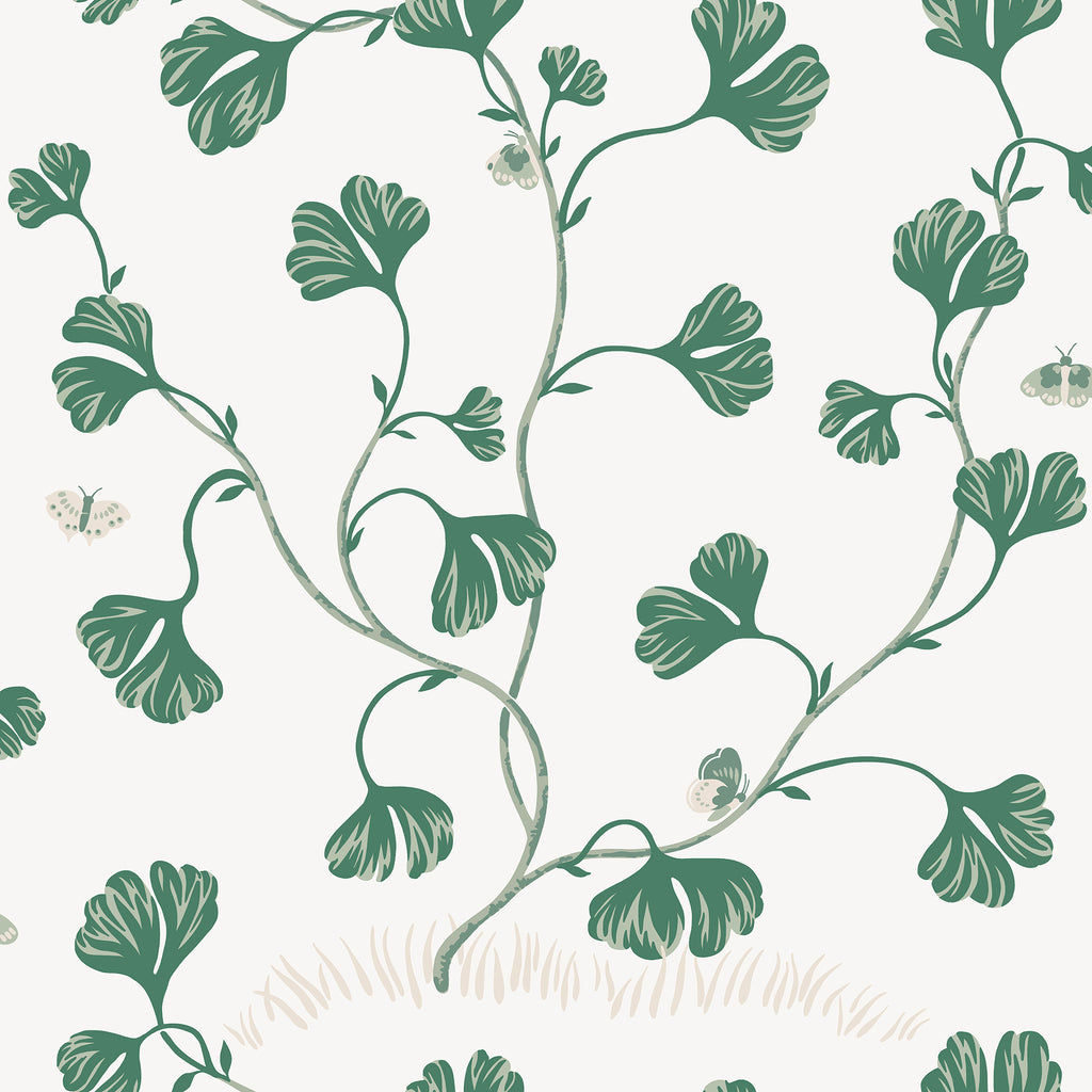 Ebba wallpaper by Sandberg in green on white, delicate trailing leaf vines with moths, flat roll swatch