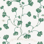 Ebba wallpaper by Sandberg in green on white, delicate trailing leaf vines with moths, flat roll swatch