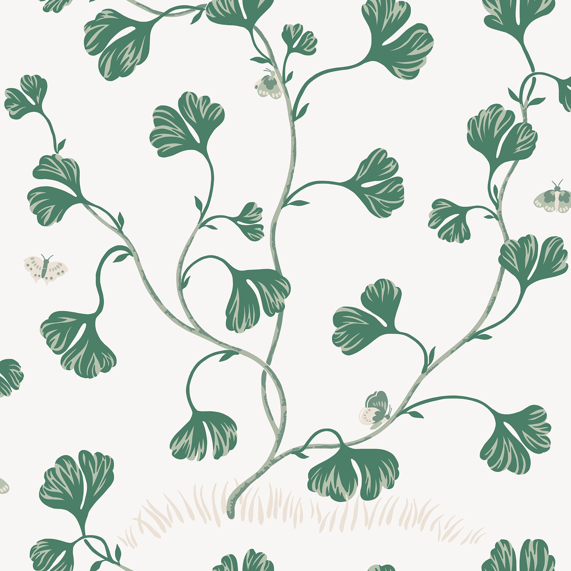 Ebba wallpaper by Sandberg in green on white, delicate trailing leaf vines with moths, flat roll swatch