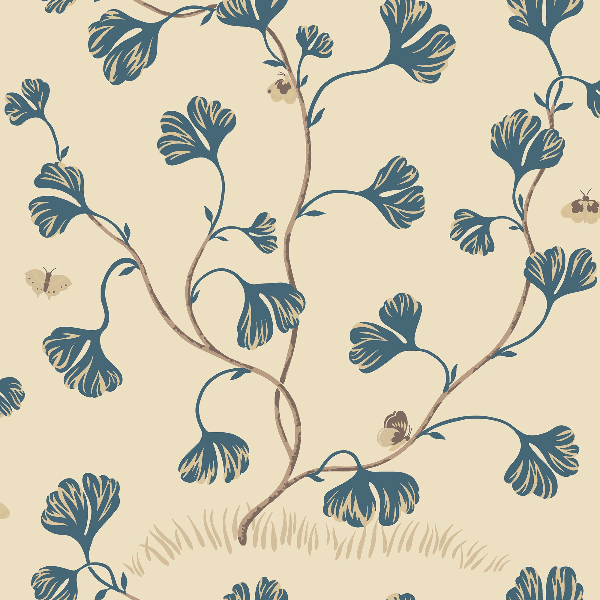 Ebba wallpaper by Sandberg, blue trailing fan-leaf vines with moths on a cream ground, flat roll swatch