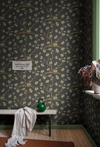 Ebba wallpaper by Sandberg in Charcoal, styled on an interior wall
