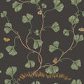 Ebba wallpaper by Sandberg in green on near-black, climbing fan-leaf vines with butterflies, flat roll swatch