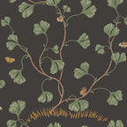 Ebba wallpaper by Sandberg in green on near-black, climbing fan-leaf vines with butterflies, flat roll swatch