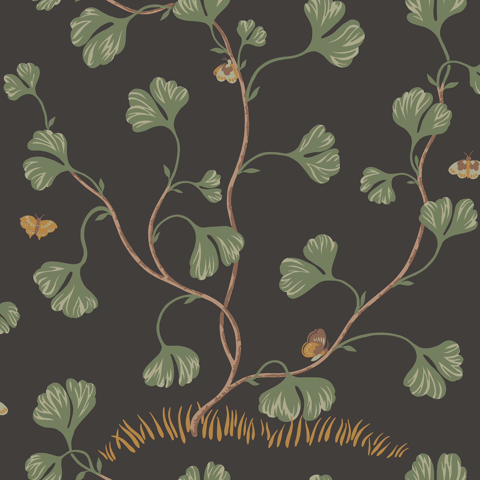 Ebba wallpaper by Sandberg in green on near-black, climbing fan-leaf vines with butterflies, flat roll swatch