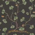 Ebba wallpaper by Sandberg in green on near-black, climbing fan-leaf vines with butterflies, flat roll swatch