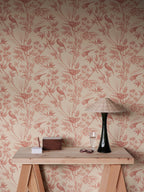Celeste wallpaper by Sandberg in Red, styled on an interior wall