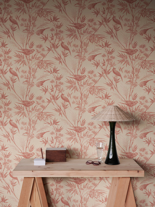 Celeste wallpaper by Sandberg in Red, styled on an interior wall
