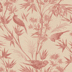 Celeste wallpaper by Sandberg in coral pink on cream, birds among bamboo and blooms, flat roll swatch