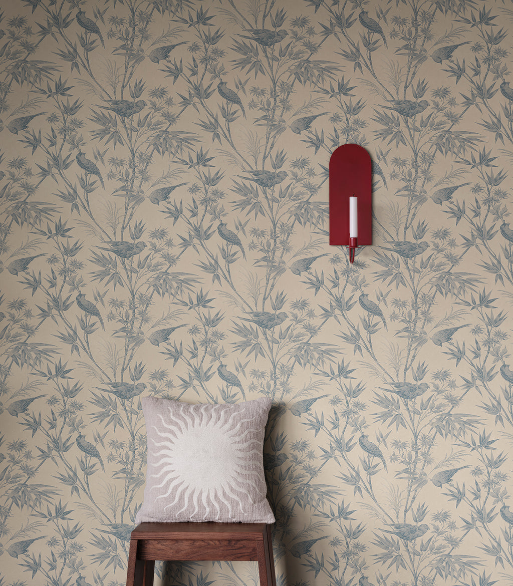 Celeste wallpaper by Sandberg in Indigo Blue, styled on an interior wall