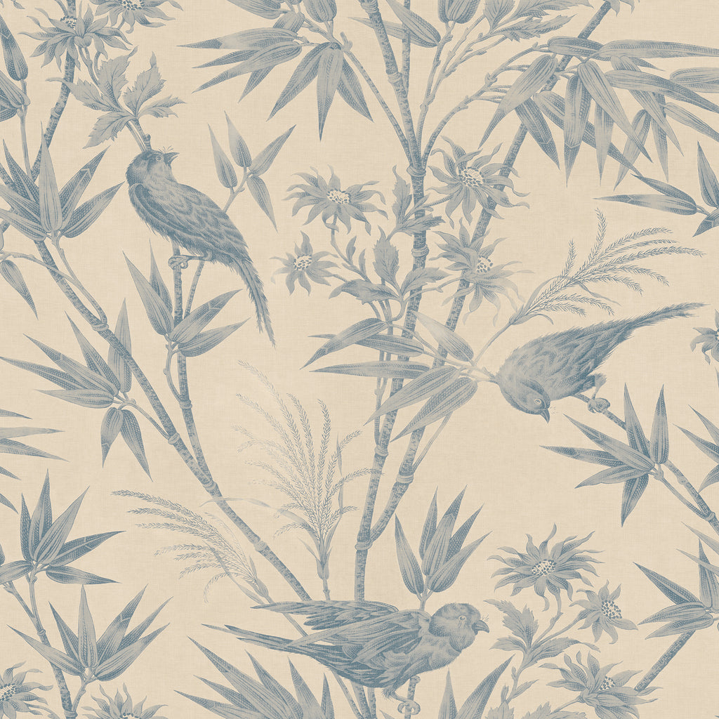 Celeste wallpaper by Sandberg in soft blue on cream, birds perched among bamboo and flowers, flat roll swatch