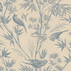 Celeste wallpaper by Sandberg in soft blue on cream, birds perched among bamboo and flowers, flat roll swatch