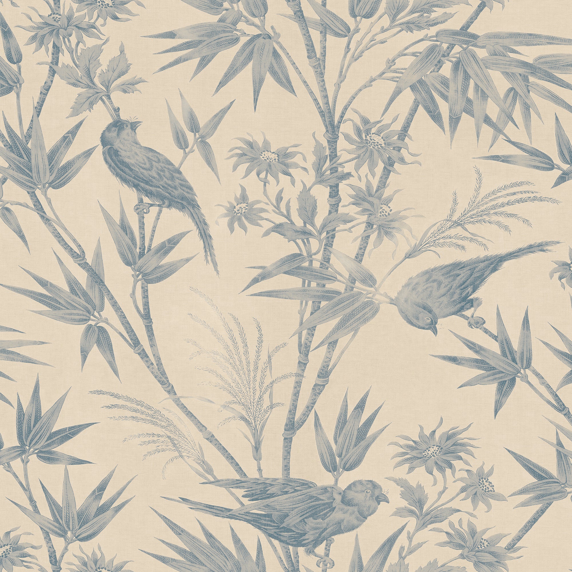 Celeste wallpaper by Sandberg in soft blue on cream, birds perched among bamboo and flowers, flat roll swatch