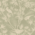 Celeste wallpaper by Sandberg in sage green, songbirds among bamboo, ferns and daisies, flat roll swatch