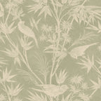 Celeste wallpaper by Sandberg in sage green, songbirds among bamboo, ferns and daisies, flat roll swatch