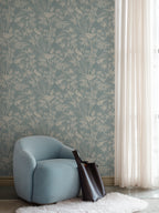 Celeste wallpaper by Sandberg in Misty Blue, styled on an interior wall