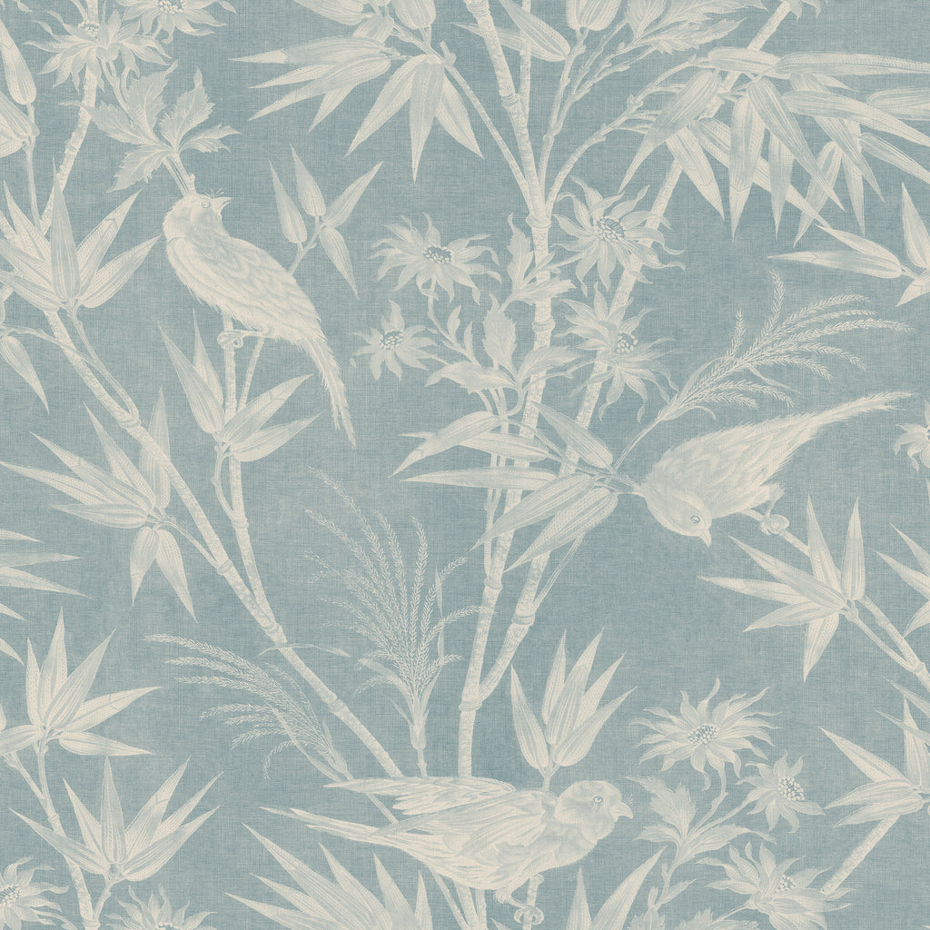 Celeste wallpaper by Sandberg in dusty blue, tonal birds and bamboo foliage design, flat roll swatch