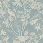 Celeste wallpaper by Sandberg in dusty blue, tonal birds and bamboo foliage design, flat roll swatch