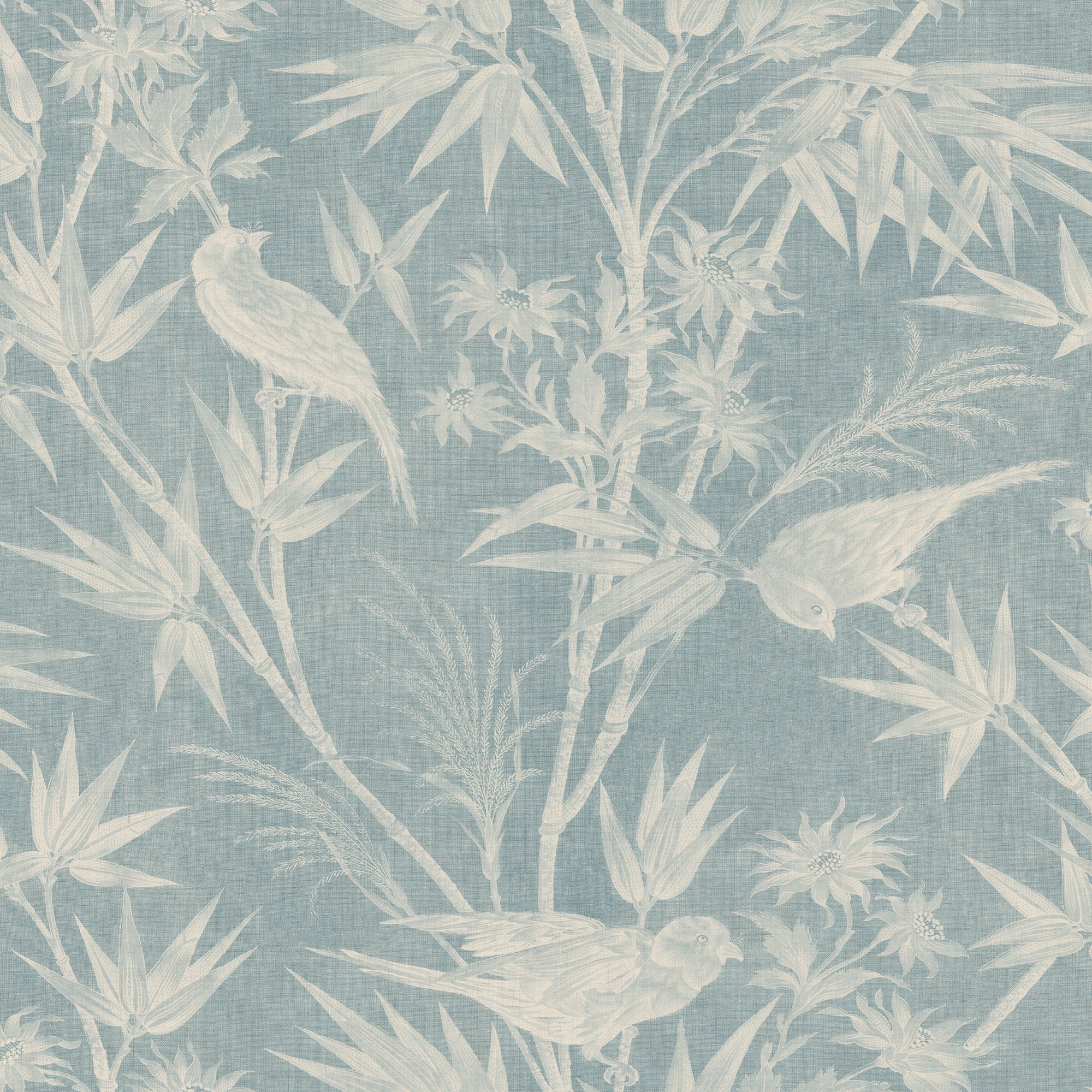 Celeste wallpaper by Sandberg in dusty blue, tonal birds and bamboo foliage design, flat roll swatch