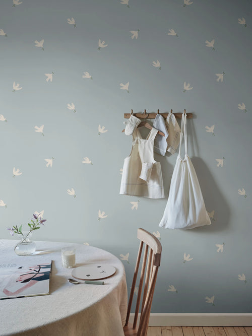 Frida wallpaper by Sandberg, cream doves carrying olive sprigs scattered over a soft duck-egg blue ground, flat swatch