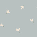 Frida wallpaper by Sandberg, cream doves carrying olive sprigs scattered over a soft duck-egg blue ground, flat swatch, flat pattern repeat