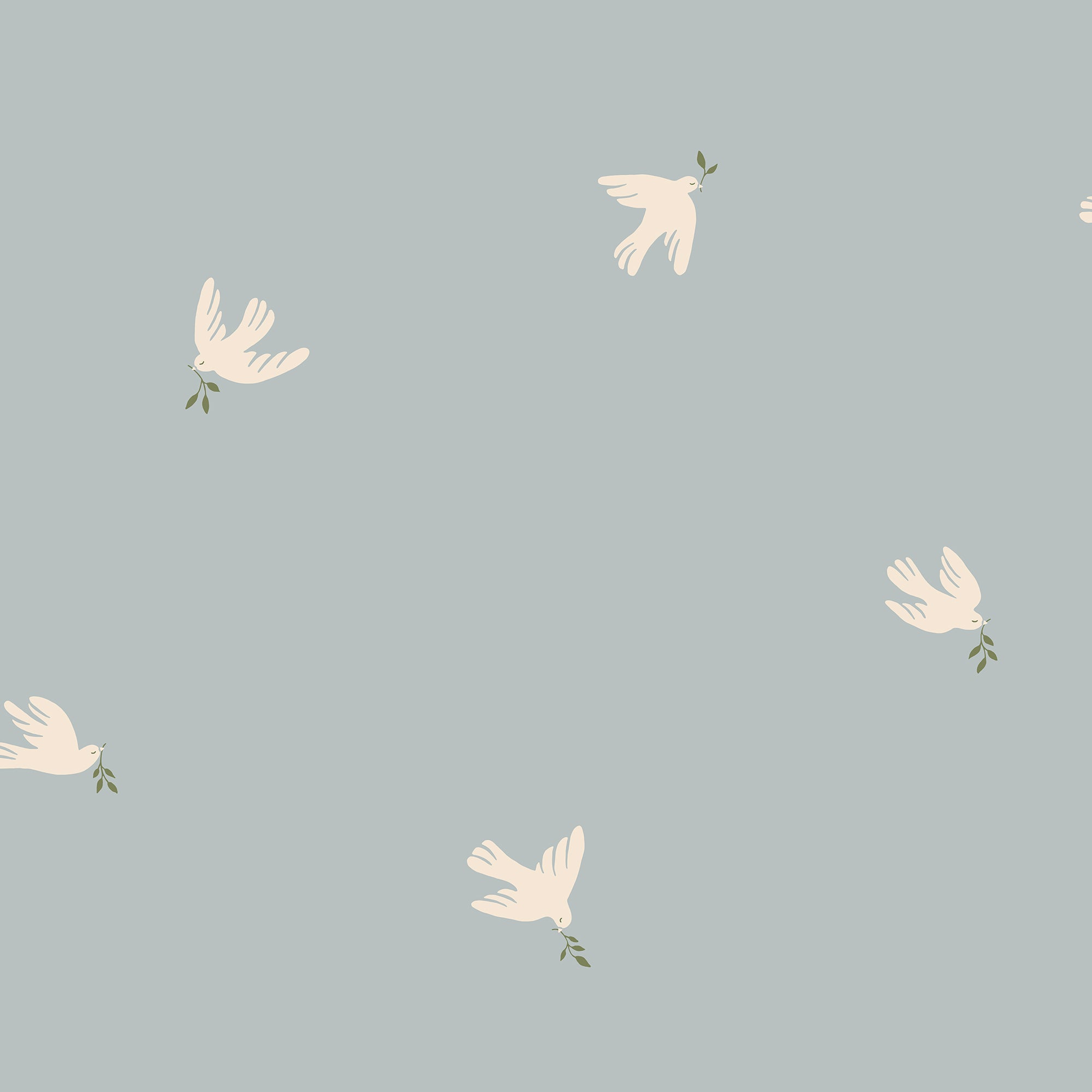 Frida wallpaper by Sandberg, cream doves carrying olive sprigs scattered over a soft duck-egg blue ground, flat swatch, flat pattern repeat