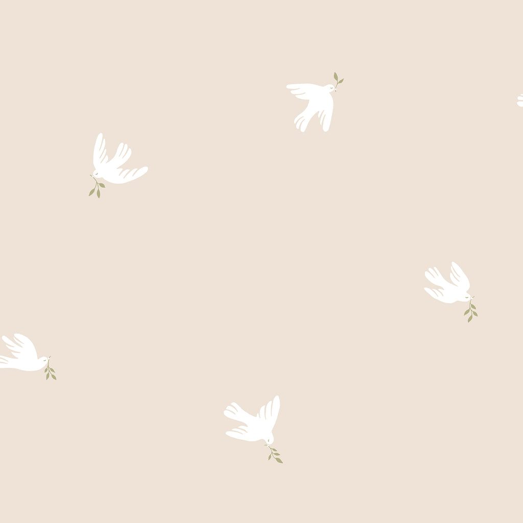 Frida wallpaper by Sandberg, white doves with olive sprigs scattered over a pale cream ground, flat swatch