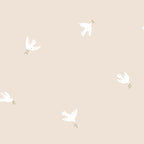 Frida wallpaper by Sandberg, white doves with olive sprigs scattered over a pale cream ground, flat swatch