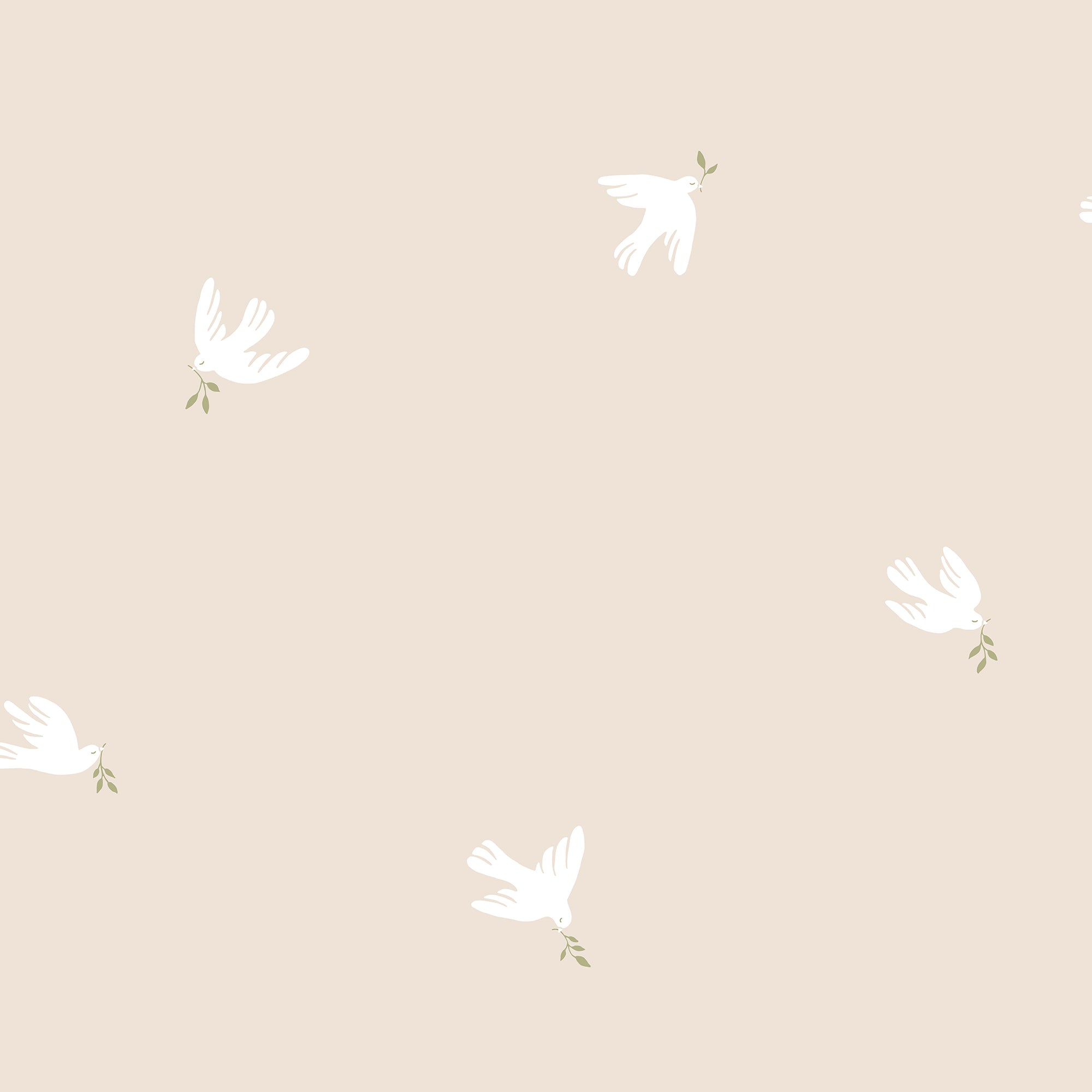 Frida wallpaper by Sandberg, white doves with olive sprigs scattered over a pale cream ground, flat swatch