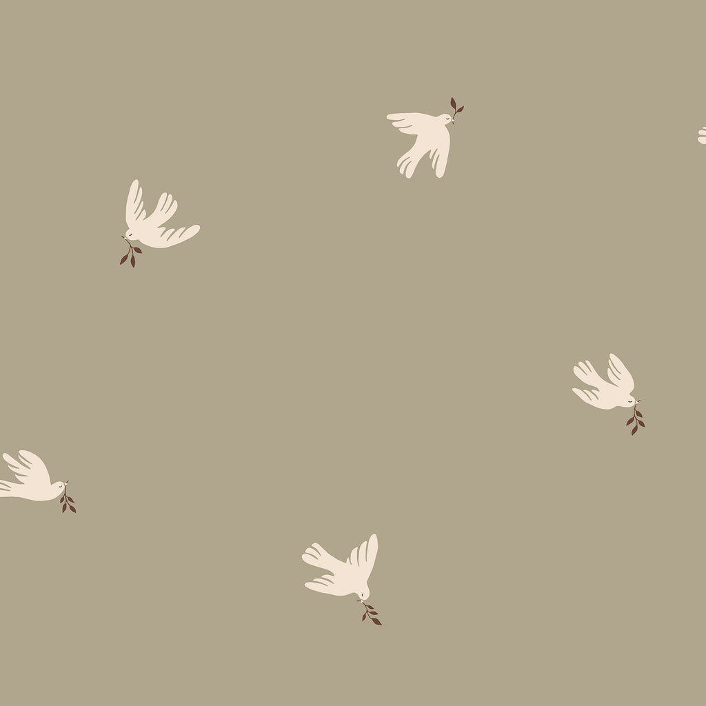 Frida wallpaper by Sandberg, cream doves with olive sprigs scattered over a warm greige ground, flat swatch