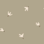 Frida wallpaper by Sandberg, cream doves with olive sprigs scattered over a warm greige ground, flat swatch
