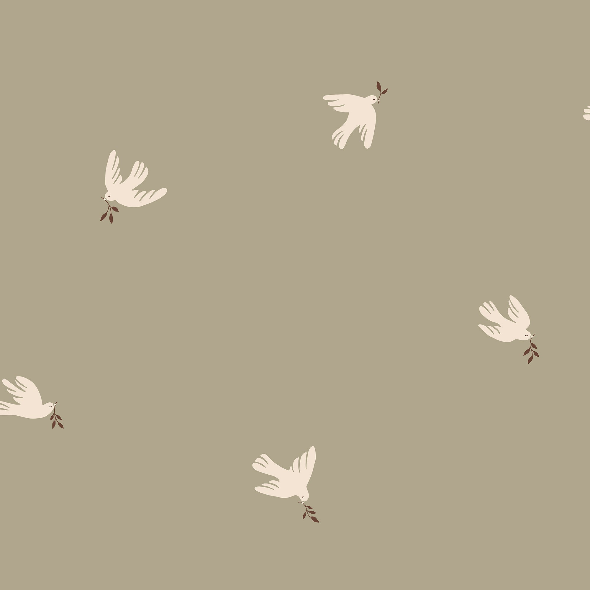 Frida wallpaper by Sandberg, cream doves with olive sprigs scattered over a warm greige ground, flat swatch