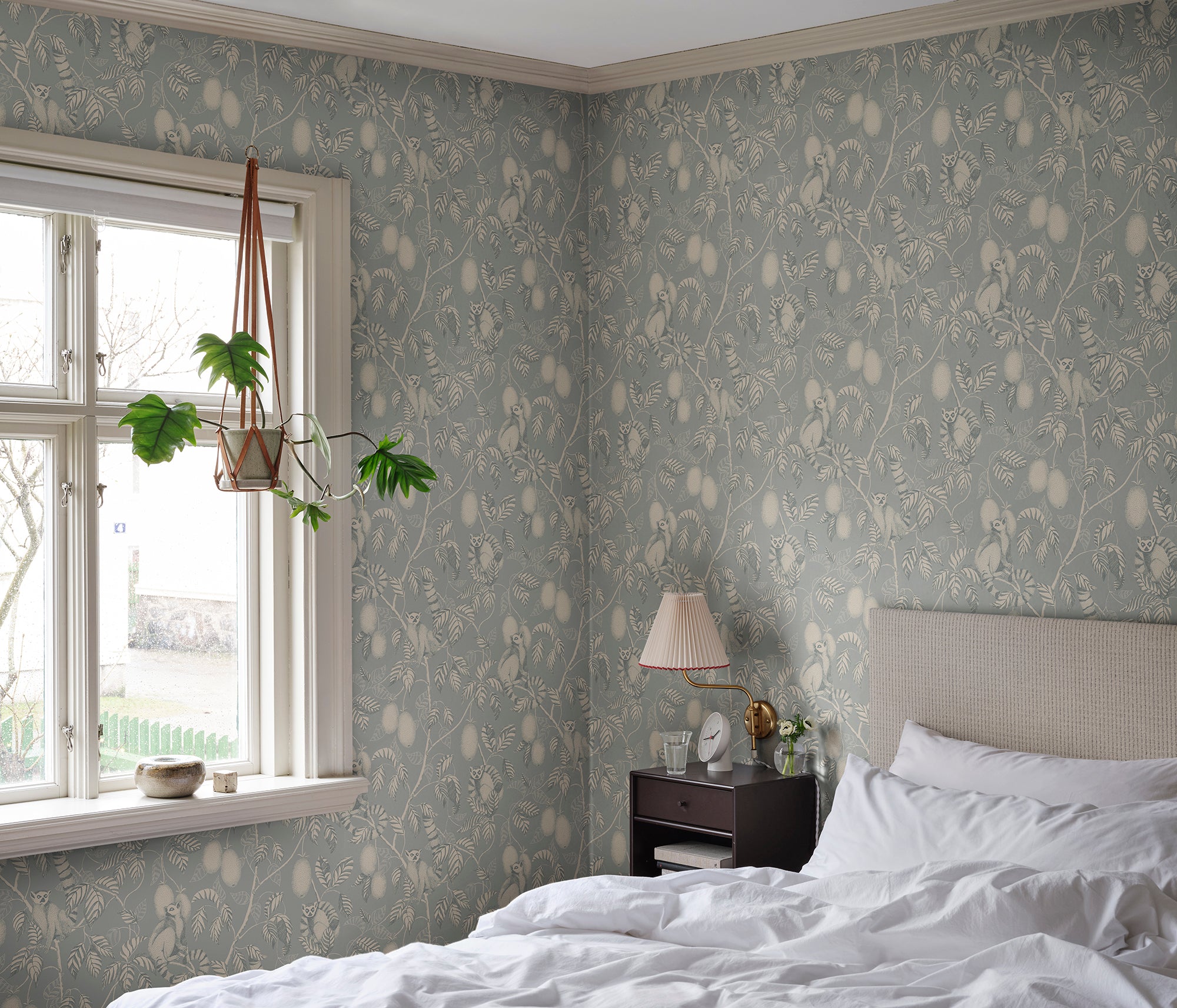 Elliot wallpaper by Sandberg in Light Blue, styled on an interior wall