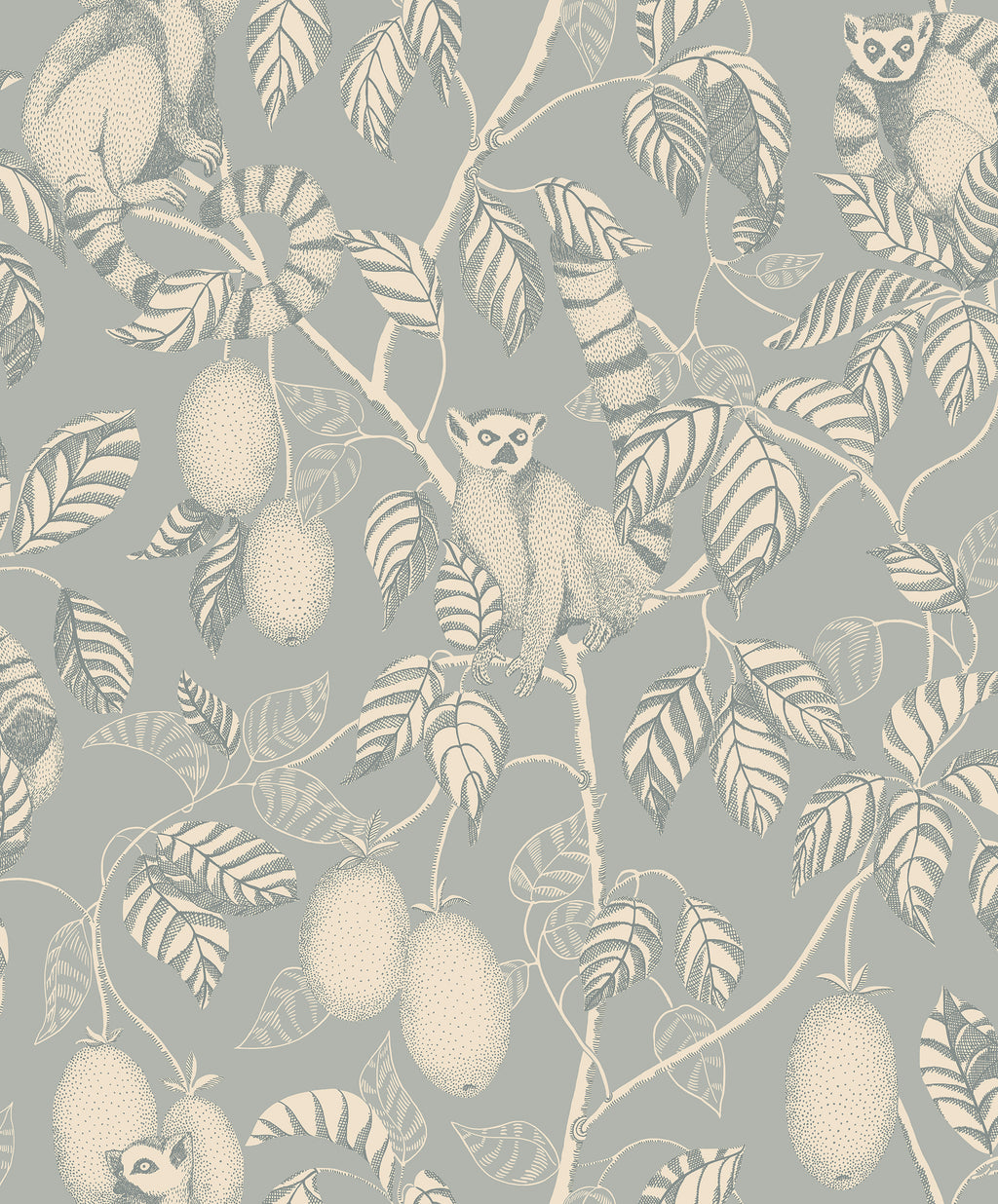 Elliot wallpaper by Sandberg, flat swatch of the lemur-and-fruit design in cream and pale grey on a soft duck-egg ground